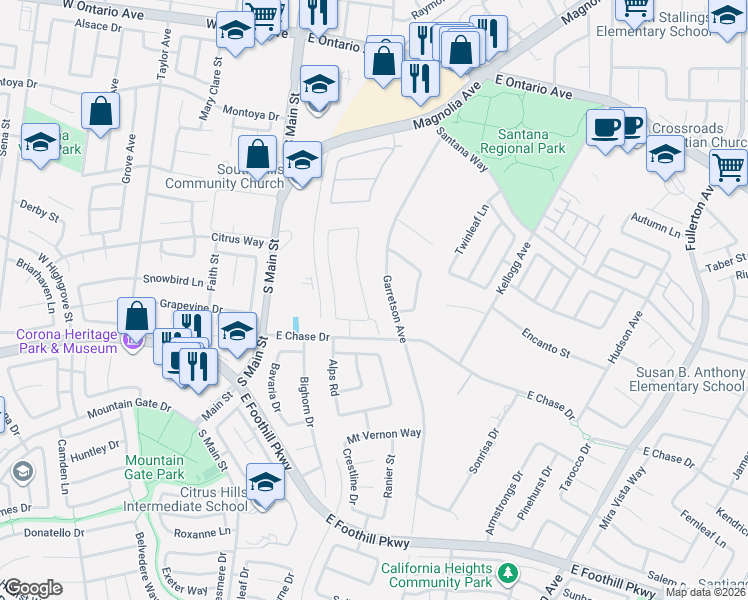 map of restaurants, bars, coffee shops, grocery stores, and more near 2745 Garretson Avenue in Corona