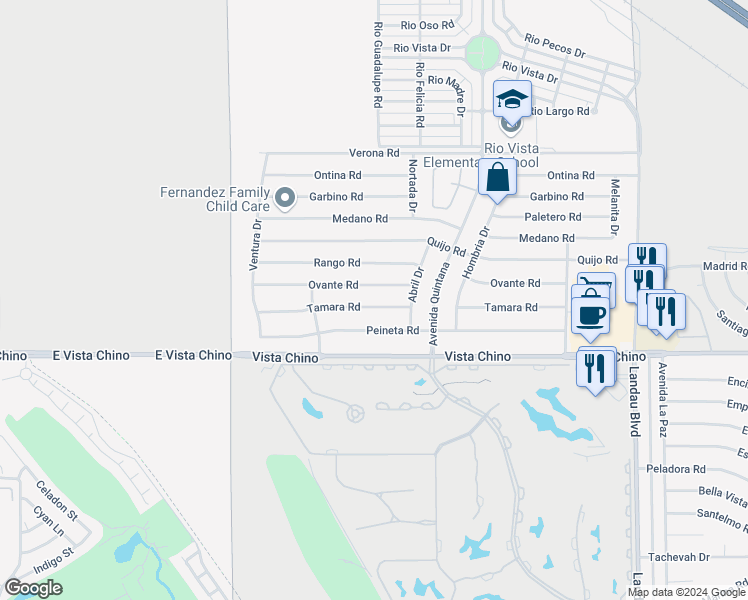 map of restaurants, bars, coffee shops, grocery stores, and more near 67360 Tamara Road in Cathedral City