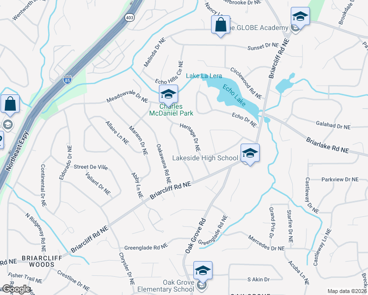 map of restaurants, bars, coffee shops, grocery stores, and more near 2163 Briarwillow Dr NE in Atlanta