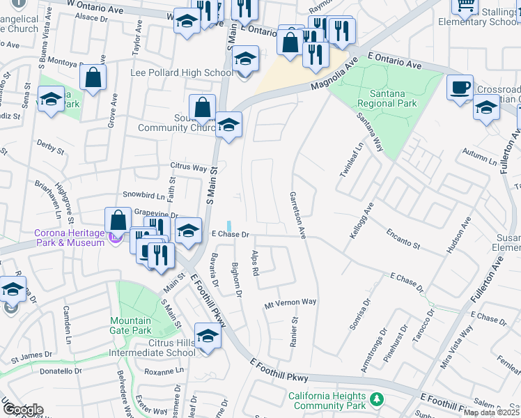 map of restaurants, bars, coffee shops, grocery stores, and more near 2885 Citrocado Ranch Street in Corona