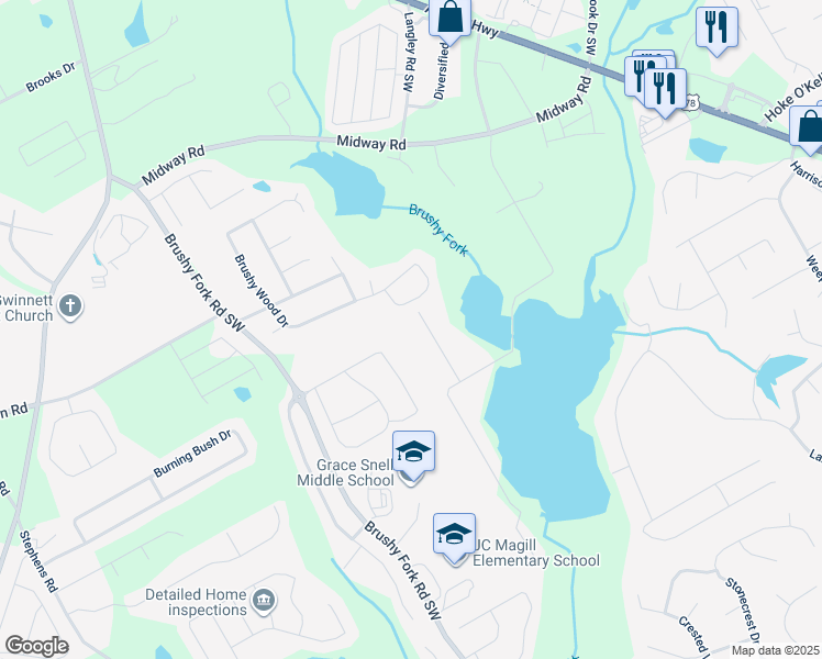 map of restaurants, bars, coffee shops, grocery stores, and more near 3617 Bob White Lane Southwest in Loganville