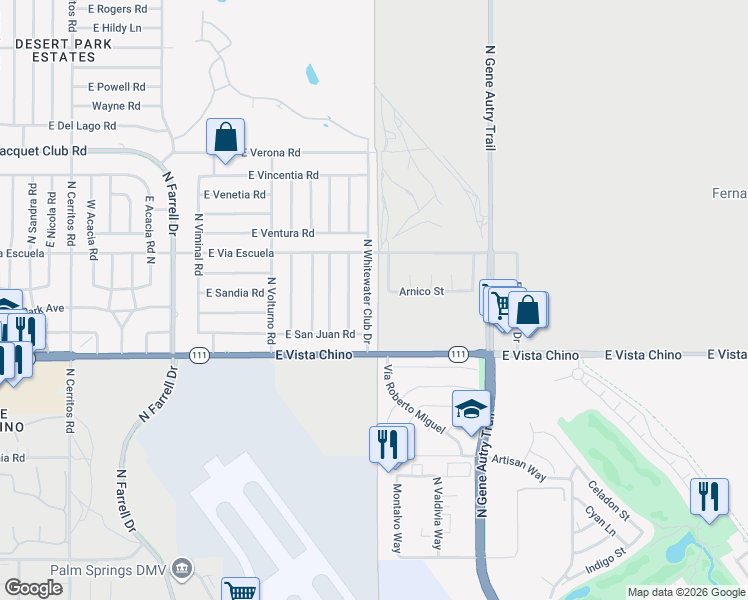 map of restaurants, bars, coffee shops, grocery stores, and more near 2030 North Whitewater Club Drive in Palm Springs