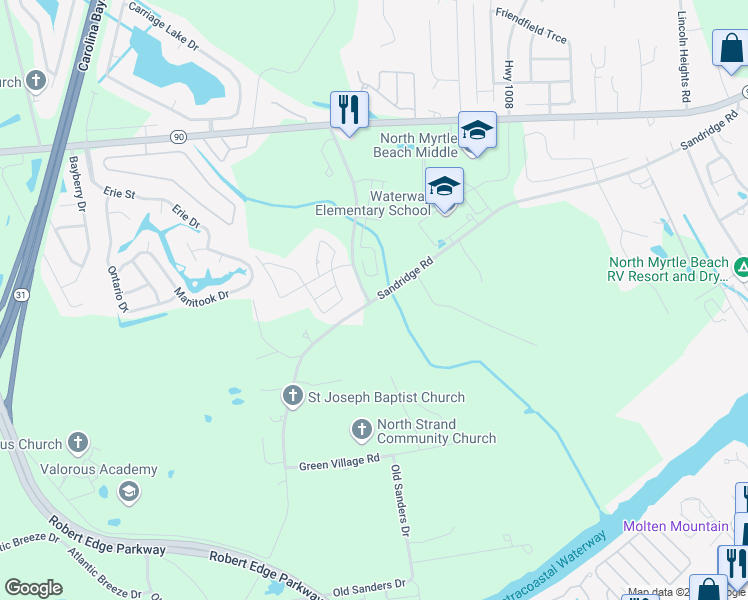 map of restaurants, bars, coffee shops, grocery stores, and more near 700 Sandridge Road in Little River