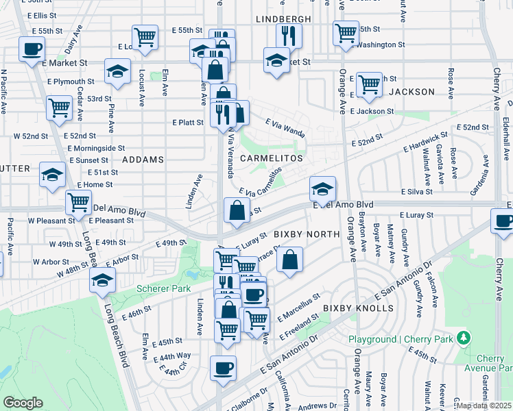map of restaurants, bars, coffee shops, grocery stores, and more near 765 East Silva Street in Long Beach