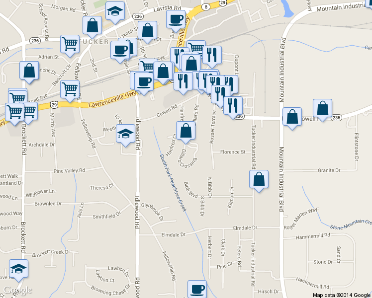 map of restaurants, bars, coffee shops, grocery stores, and more near 2122 Dillard Crossing in Tucker