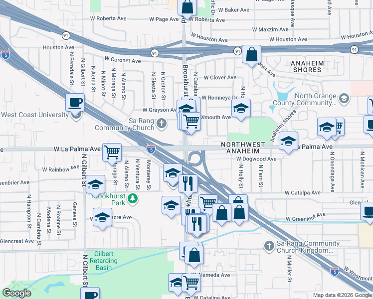 map of restaurants, bars, coffee shops, grocery stores, and more near West La Palma Avenue & North Brookhurst Street in Anaheim