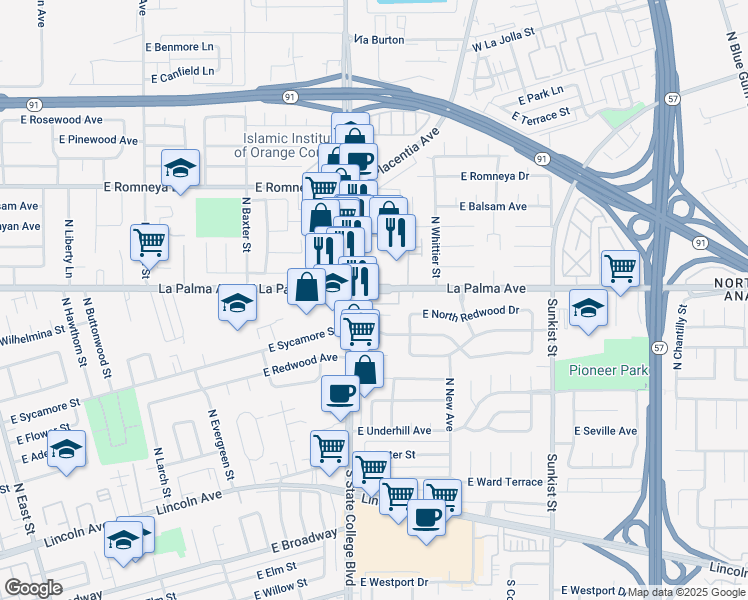 map of restaurants, bars, coffee shops, grocery stores, and more near 2011 East La Palma Avenue in Anaheim