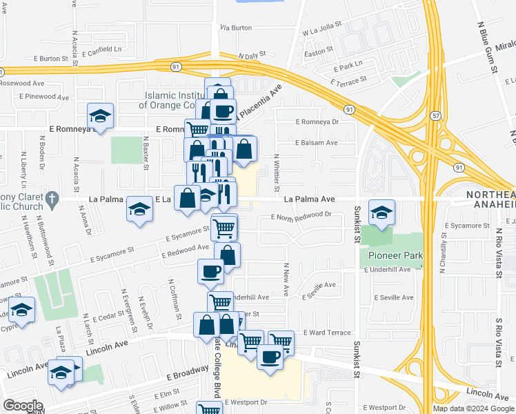 map of restaurants, bars, coffee shops, grocery stores, and more near 2128 East La Palma Avenue in Anaheim
