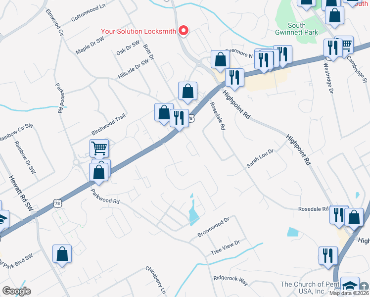 map of restaurants, bars, coffee shops, grocery stores, and more near 2376 Thackery Road Southwest in Snellville