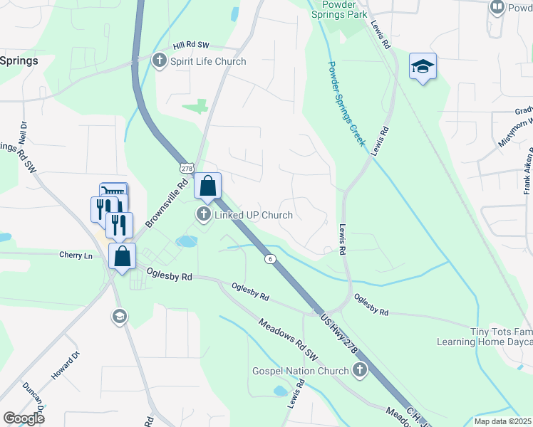 map of restaurants, bars, coffee shops, grocery stores, and more near 4410 Steeplechase Drive in Powder Springs