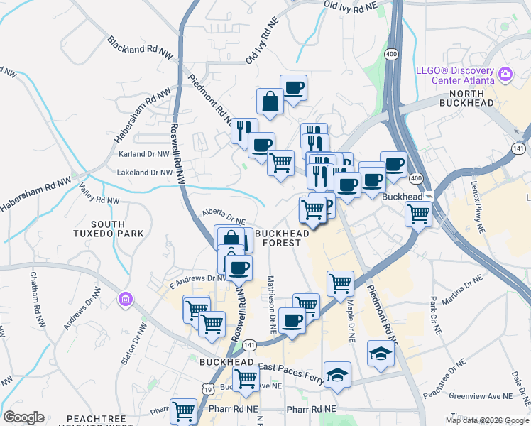 map of restaurants, bars, coffee shops, grocery stores, and more near 315 Alberta Terrace Northeast in Atlanta