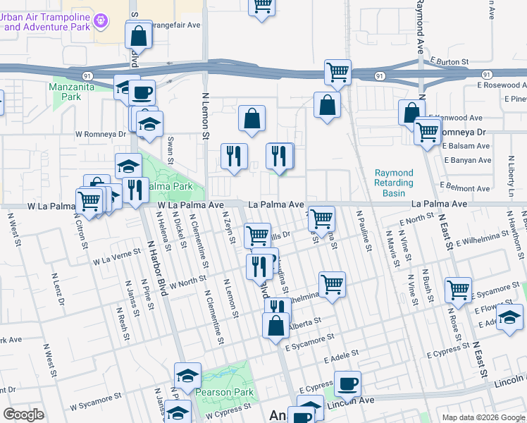 map of restaurants, bars, coffee shops, grocery stores, and more near 205 East La Palma Avenue in Anaheim