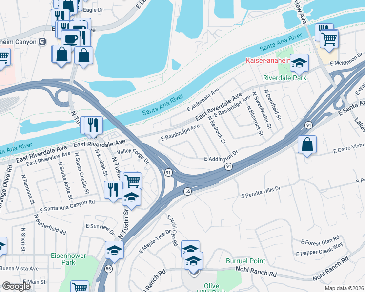map of restaurants, bars, coffee shops, grocery stores, and more near 4161 East Fauna Avenue in Anaheim