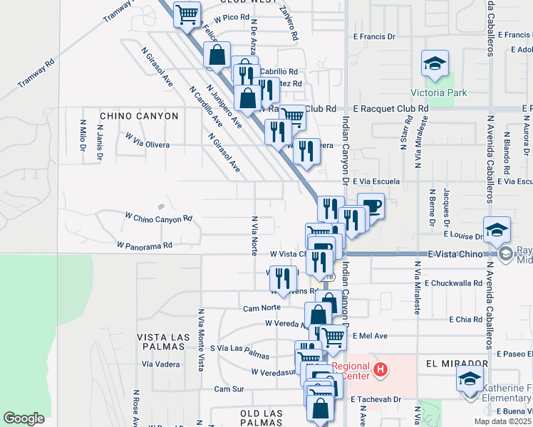 map of restaurants, bars, coffee shops, grocery stores, and more near 396 West Santa Elena Road in Palm Springs