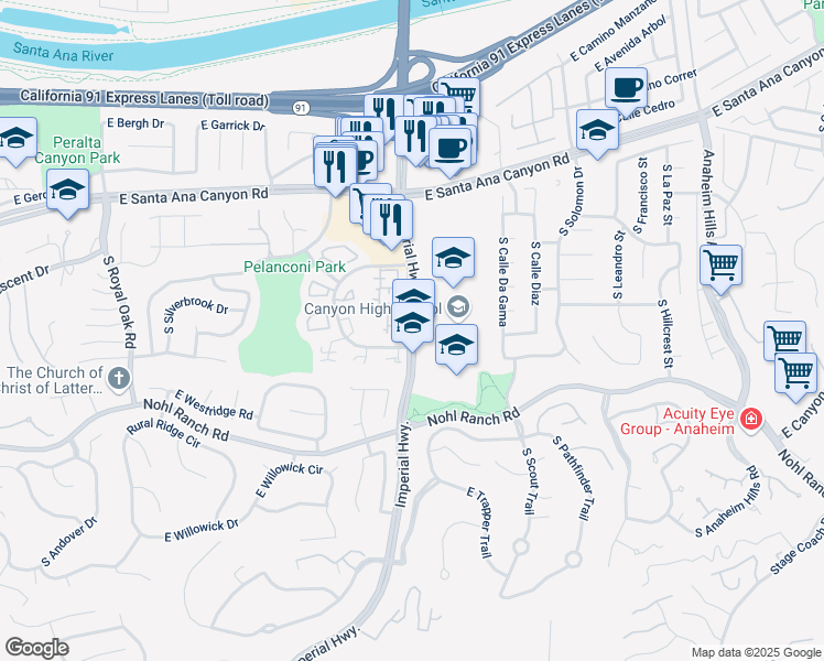 map of restaurants, bars, coffee shops, grocery stores, and more near 260 South Imperial Highway in Anaheim
