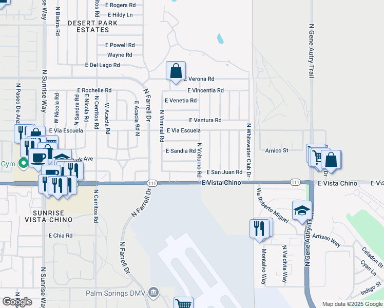 map of restaurants, bars, coffee shops, grocery stores, and more near 2885 East Sandia Road in Palm Springs