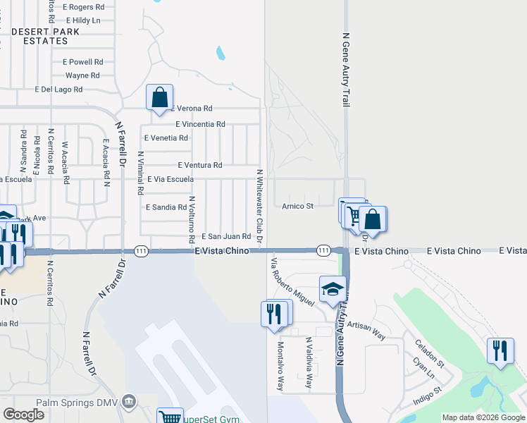 map of restaurants, bars, coffee shops, grocery stores, and more near 1978 North Whitewater Club Drive in Palm Springs