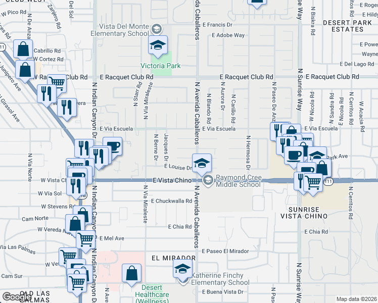 map of restaurants, bars, coffee shops, grocery stores, and more near 879 East El Conquistador in Palm Springs