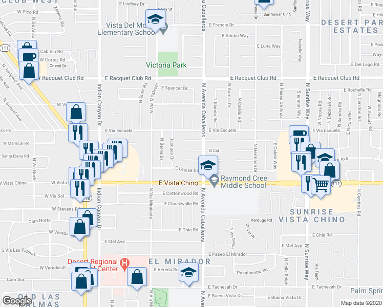 map of restaurants, bars, coffee shops, grocery stores, and more near 877 East El Cid in Palm Springs
