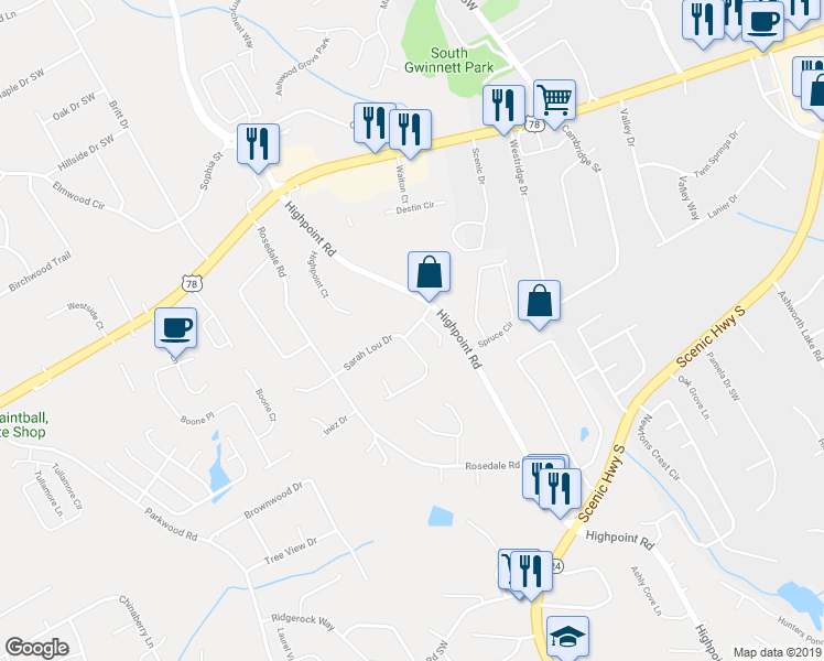 map of restaurants, bars, coffee shops, grocery stores, and more near 3170 Murell Road in Snellville