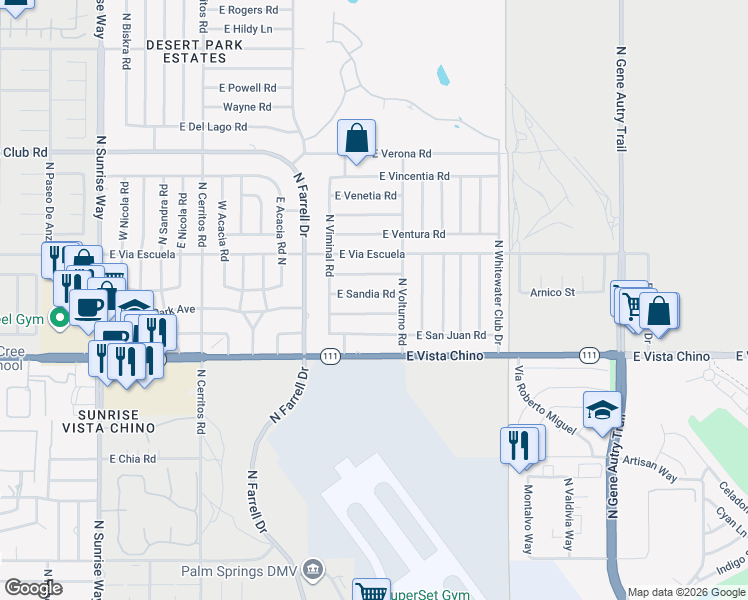 map of restaurants, bars, coffee shops, grocery stores, and more near 2781 East San Angelo Road in Palm Springs