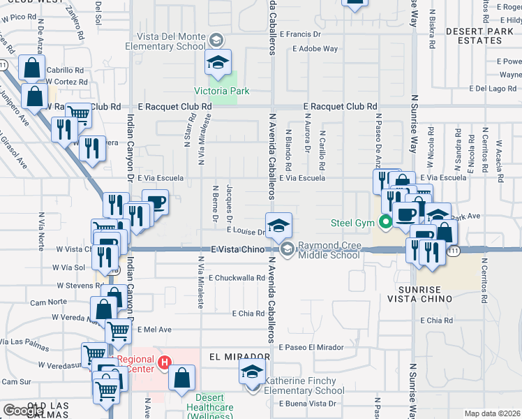 map of restaurants, bars, coffee shops, grocery stores, and more near 879 East El Conquistador in Palm Springs
