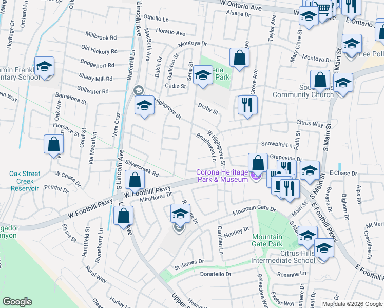map of restaurants, bars, coffee shops, grocery stores, and more near 2919 South Buena Vista Avenue in Corona