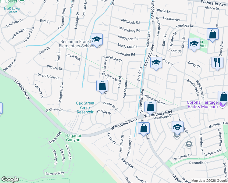 map of restaurants, bars, coffee shops, grocery stores, and more near 3011 Veranda Lane in Corona