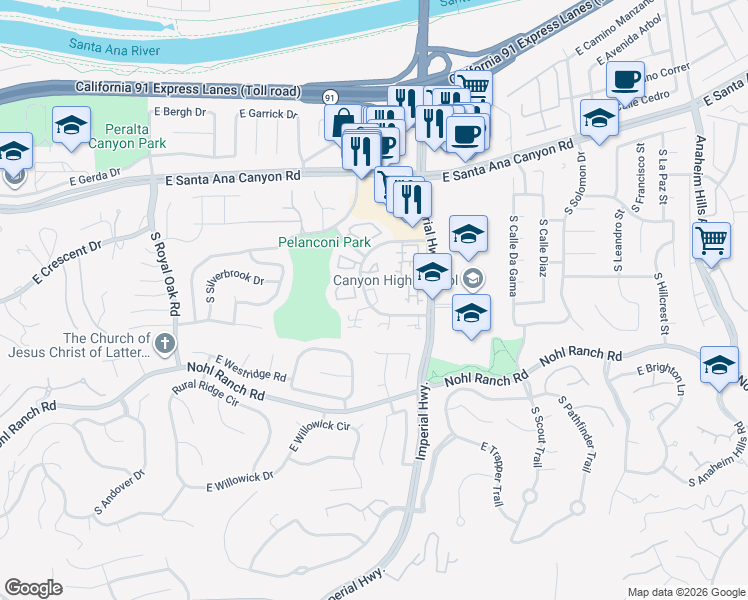 map of restaurants, bars, coffee shops, grocery stores, and more near 248 Vista Del Monte in Anaheim