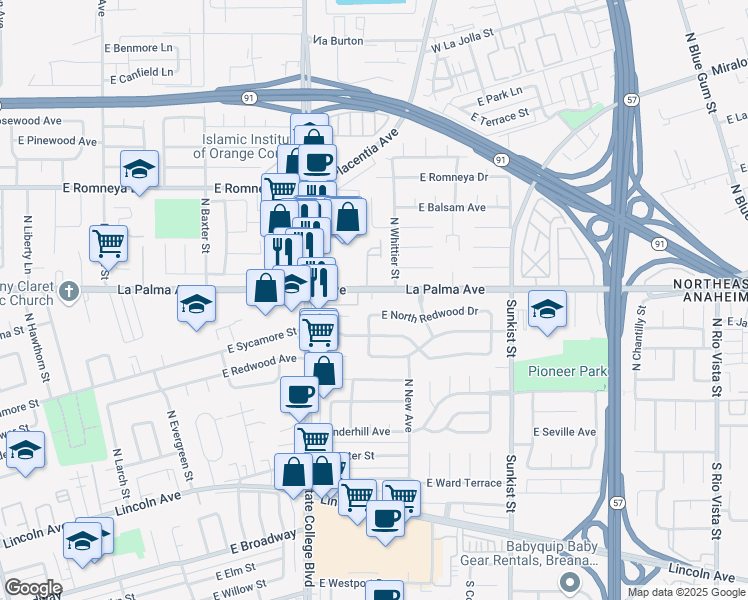 map of restaurants, bars, coffee shops, grocery stores, and more near 2227 East La Palma Avenue in Anaheim