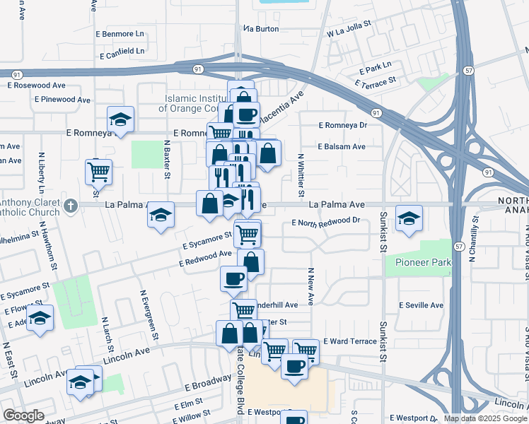 map of restaurants, bars, coffee shops, grocery stores, and more near 2011 East La Palma Avenue in Anaheim