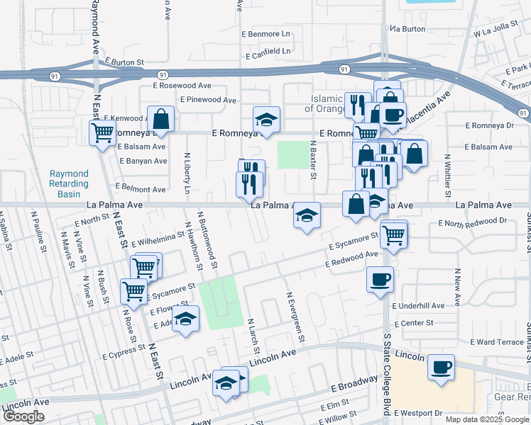 map of restaurants, bars, coffee shops, grocery stores, and more near 1525 East La Palma Avenue in Anaheim