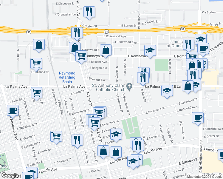 map of restaurants, bars, coffee shops, grocery stores, and more near 1349 East La Palma Avenue in Anaheim
