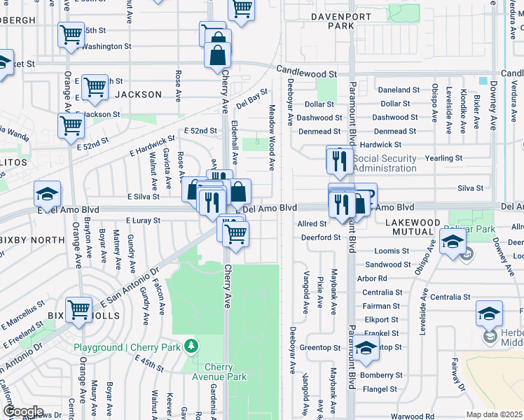 map of restaurants, bars, coffee shops, grocery stores, and more near 2116 Del Hollow Street in Lakewood