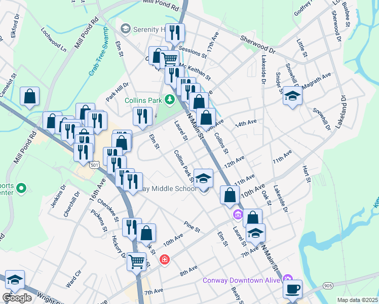 map of restaurants, bars, coffee shops, grocery stores, and more near 1409 Laurel Street in Conway