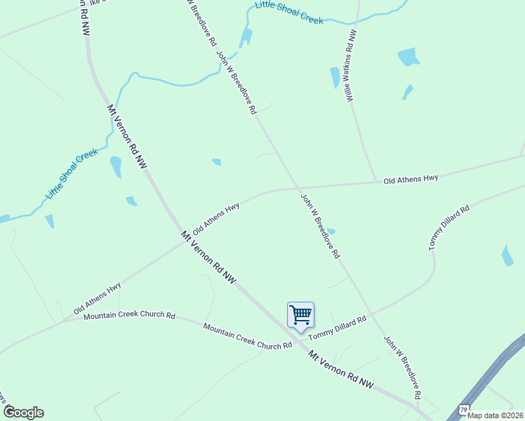 map of restaurants, bars, coffee shops, grocery stores, and more near 2569 Old Athens Highway in Monroe