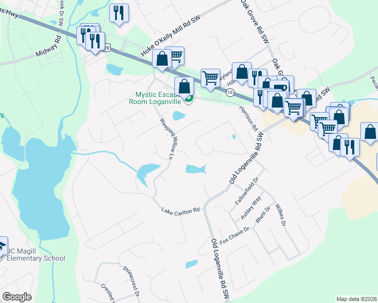 map of restaurants, bars, coffee shops, grocery stores, and more near 463 Bradford Park Court in Loganville