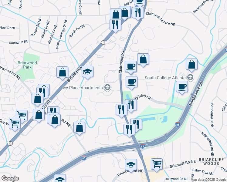 map of restaurants, bars, coffee shops, grocery stores, and more near 3056 Clairmont Road in Atlanta