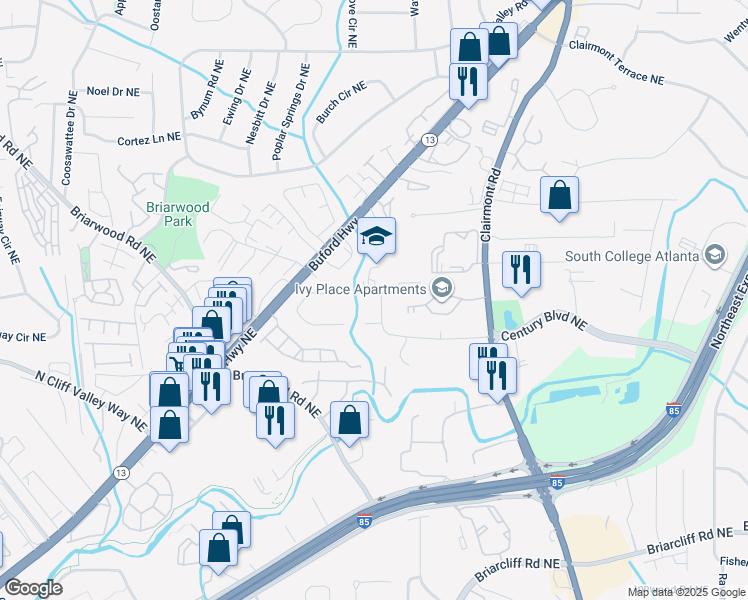 map of restaurants, bars, coffee shops, grocery stores, and more near 1649 Clairmont Way Northeast in Atlanta