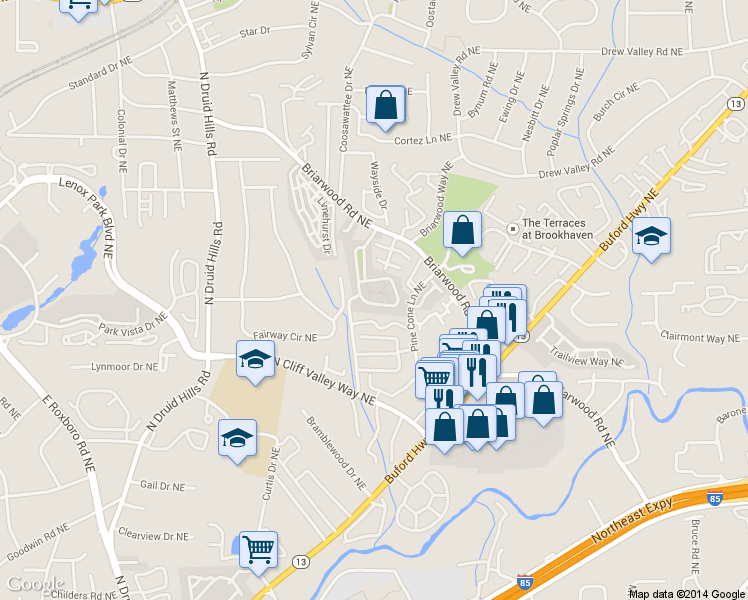map of restaurants, bars, coffee shops, grocery stores, and more near 1939 Cobblestone Circle Northeast in Atlanta