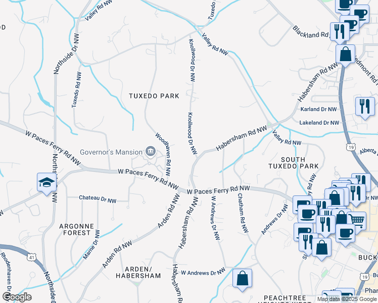 map of restaurants, bars, coffee shops, grocery stores, and more near 3364 Knollwood Drive Northwest in Atlanta