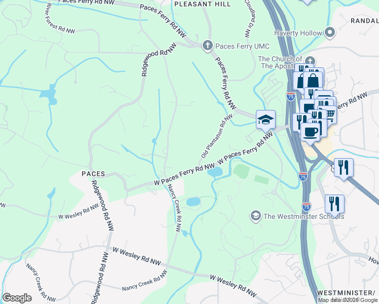 map of restaurants, bars, coffee shops, grocery stores, and more near 1585 West Paces Ferry Road Northwest in Atlanta