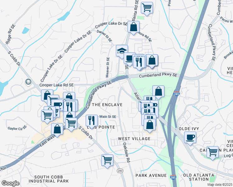 map of restaurants, bars, coffee shops, grocery stores, and more near 4350 Oakdale Vinings Circle Southeast in Smyrna