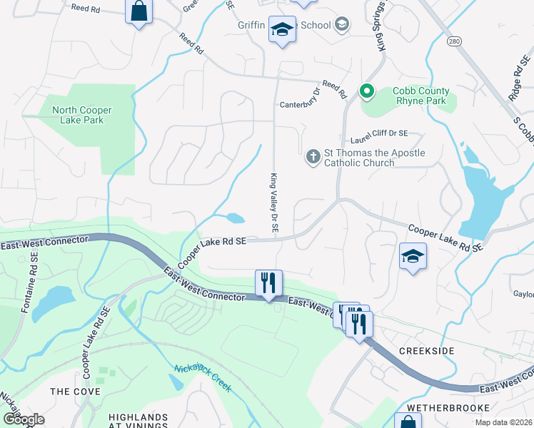 map of restaurants, bars, coffee shops, grocery stores, and more near 4368 King Valley Drive Southeast in Smyrna
