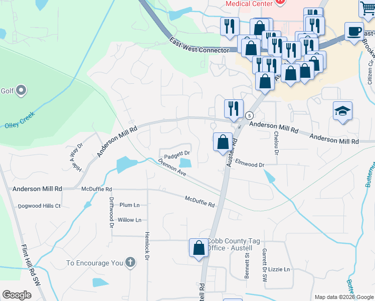 map of restaurants, bars, coffee shops, grocery stores, and more near 1950 Padgett Drive in Austell