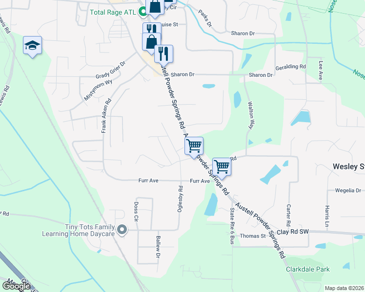 map of restaurants, bars, coffee shops, grocery stores, and more near 4388 Austell Powder Springs Road in Powder Springs