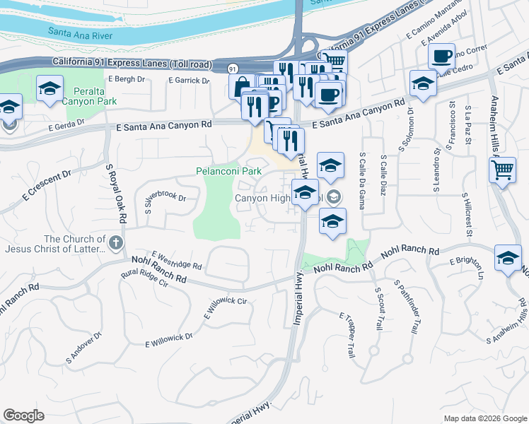 map of restaurants, bars, coffee shops, grocery stores, and more near 248 Vista Del Monte in Anaheim