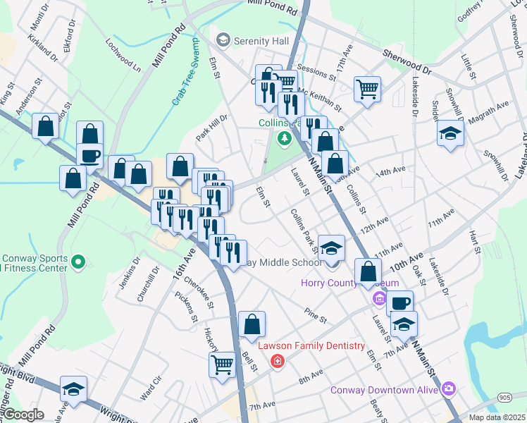 map of restaurants, bars, coffee shops, grocery stores, and more near 1503 Elm Street in Conway