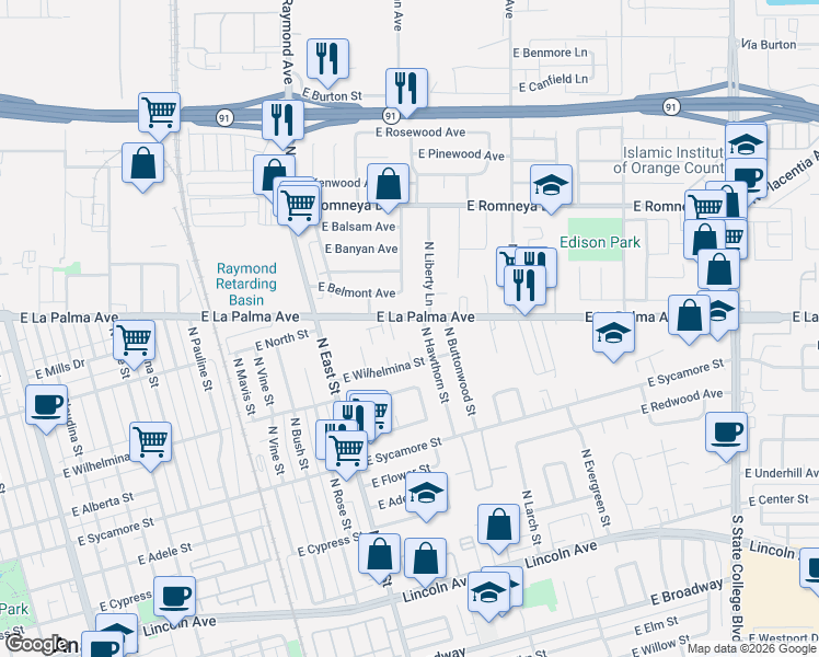 map of restaurants, bars, coffee shops, grocery stores, and more near 1349 East La Palma Avenue in Anaheim