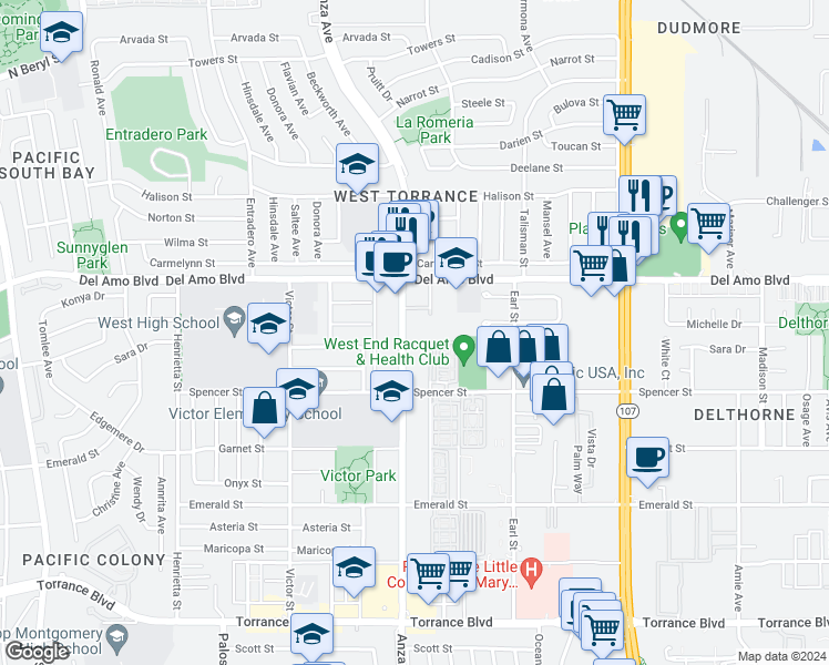 map of restaurants, bars, coffee shops, grocery stores, and more near 20360 Anza Avenue in Torrance